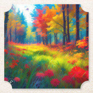 Wald mit farbenfrohen Bäumen und Blumen Untersetzer