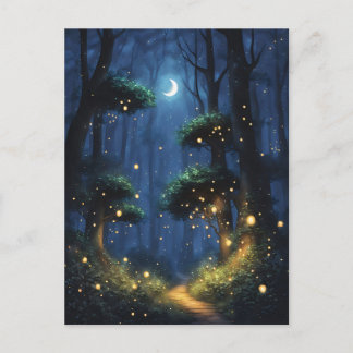 Wald mit glänzenden Lichtern und Mondmond Postkarte