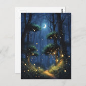 Wald mit glänzenden Lichtern und Mondmond Postkarte (Vorne/Hinten)