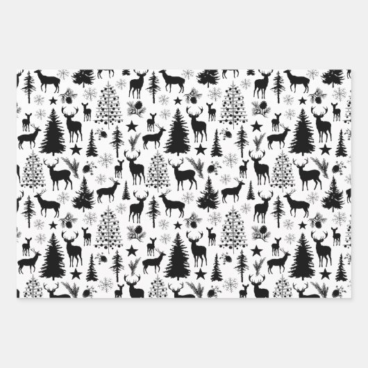 Wald mit weißem und schwarzem Rentierwald modern Geschenkpapier Set (Vorderseite 3)