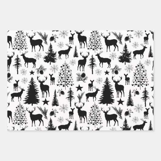 Wald mit weißem und schwarzem Rentierwald modern Geschenkpapier Set (Vorderseite 2)