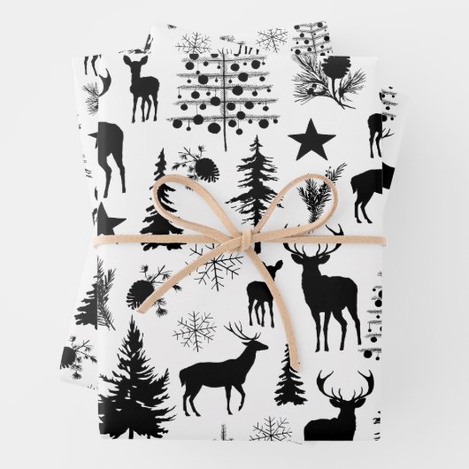 Wald mit weißem und schwarzem Rentierwald modern Geschenkpapier Set (Beispiel)