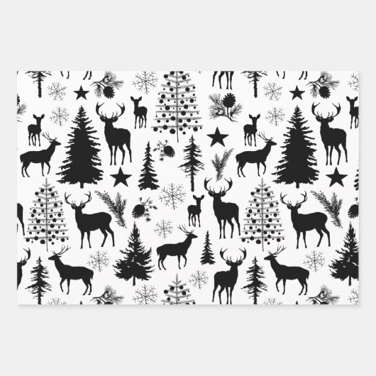 Wald mit weißem und schwarzem Rentierwald modern Geschenkpapier Set (Vorderseite)