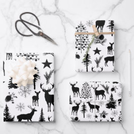 Wald mit weißem und schwarzem Rentierwald modern Geschenkpapier Set