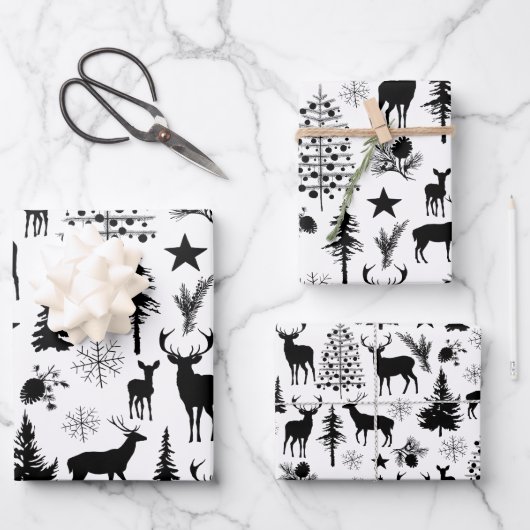 Wald mit weißem und schwarzem Rentierwald modern Geschenkpapier Set (Vorderseite)
