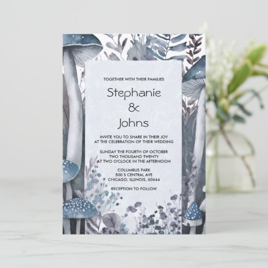 Wald Pilze Grau Blau Rustikale Silberhochzeit Einladung (Stehend Vorderseite)