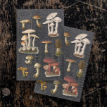 Wald Pilze Hütte Black Ephemera Decoupage Seidenpapier<br><div class="desc">Dramatischer schwarzer Hintergrund für eine dunkle Bibliothek oder Cotattacore-Zimmerdekor. Vintage bunte Waldböden botanische Illustrationspilze wurden in Aquarellen gemalt. Auf einer rustikalen handkalligraphischen Gartenkarte platziert mit handgeschriebenen Schriftzeichen geschichtet und mit blassem Crackle bedruckt. Diese warme und einladende Collage wurde grafisch von Audrey Jeanne Roberts, einem international anerkannten Künstler und Designer, gestaltet....</div>
