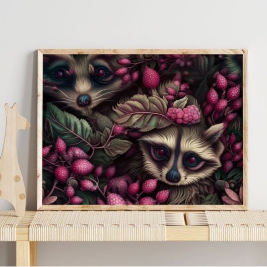 Wald Raccoon Pink Berries | Raccoon Wall Print Poster