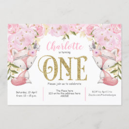Wald, Rosa Floral, Fox, Mädchen, 1. Geburtstag Einladung