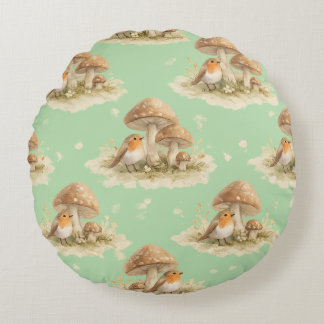 Wald-Rotkehlchen & Pilz-Aquarellmuster Rundes Kissen