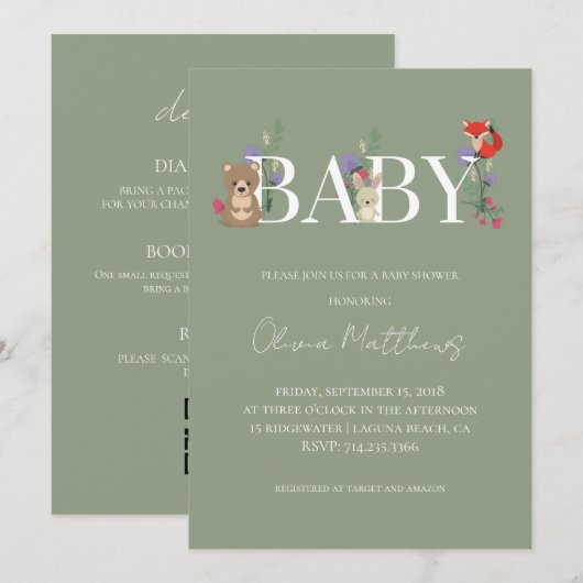 Wald-Sage-Grün-Baby-Shower-QR-Code Einladung (Vorne/Hinten)