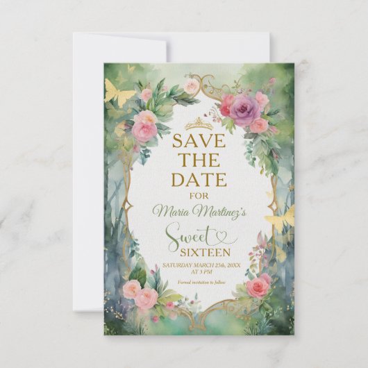 Wald-Sage-Grün-Blumen-Sweet Sixteen Save The Date (Vorderseite)
