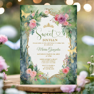 Wald-Sage-Grün-Rosa-Blumen-Süße-Sechzehn-Party Einladung