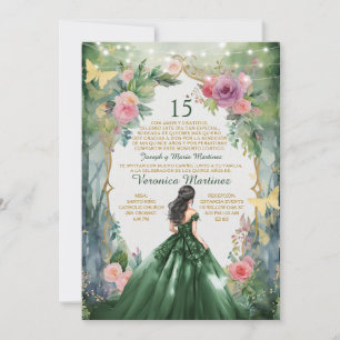 Wald Smaragdgrünes Kleid Blumen 15 Mis Quince Einladung