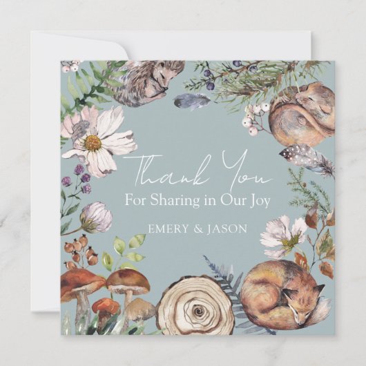 Wald Süße Waldtiere Blau Babyparty Dankeskarte (Vorderseite)