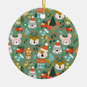 Wald Süßer Weihnachtsmann Tiere Grün Keramik Ornament