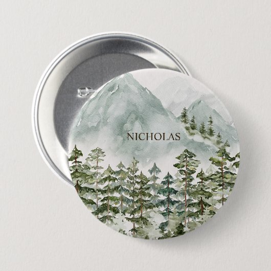 Wald und Gebirgslandschaft Wasserfarbe Button (Vorne & Hinten)