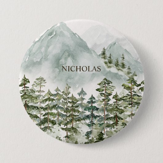 Wald und Gebirgslandschaft Wasserfarbe Button (Vorderseite)