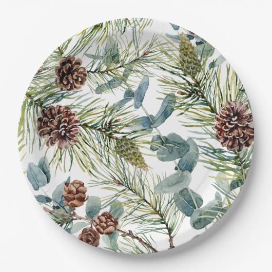 Wald-Urlaub in Aquarellwald Pappteller (Vorderseite)