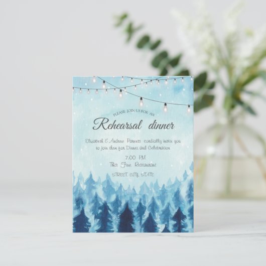 Wald, Wald, Kiefern und Bäume Blaue Probe Abendess Einladung (Stehend Vorderseite)