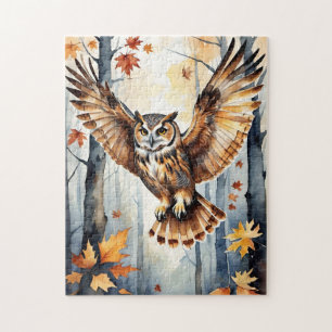 Wald Wald Wasserfarbe Eule Herbst Tier Puzzle