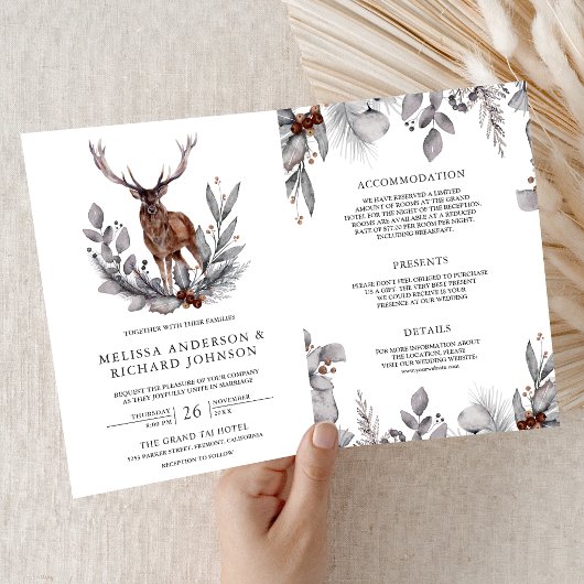 Wald Wasserfarbe Waldhirsch QR-Code Hochzeit Einladung