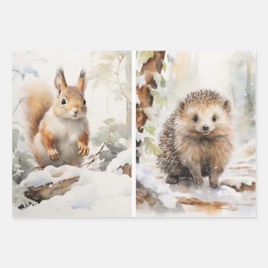 Wald Wasserfarben Eichhörnchen Igel Winterlandscha Geschenkpapier Set (Vorderseite 3)