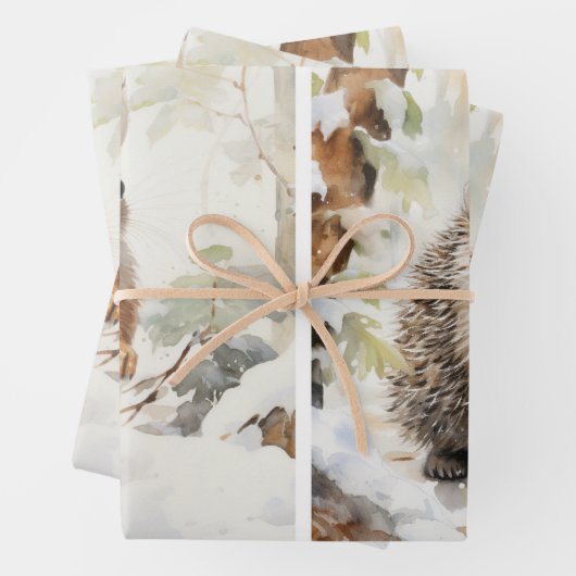 Wald Wasserfarben Eichhörnchen Igel Winterlandscha Geschenkpapier Set (Beispiel)