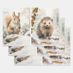 Wald Wasserfarben Eichhörnchen Igel Winterlandscha Geschenkpapier Set