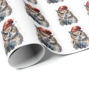 Wald-Weihnachts-Wasserfarben-Eule-Santa-Hut Geschenkpapier