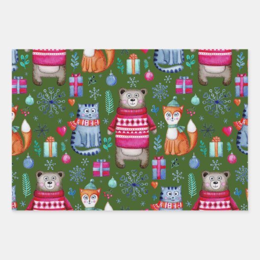Wald Weihnachtswald Bärenkatze Fox Geschenkpapier Set (Vorderseite 3)