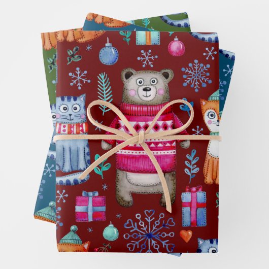 Wald Weihnachtswald Bärenkatze Fox Geschenkpapier Set (Beispiel)