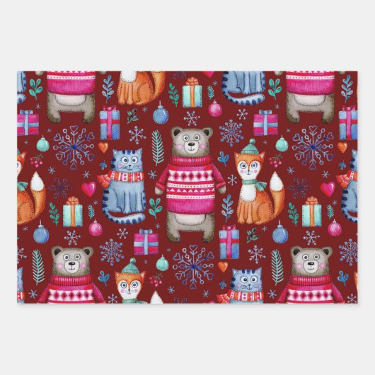 Wald Weihnachtswald Bärenkatze Fox Geschenkpapier Set (Vorderseite)