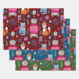 Wald Weihnachtswald Bärenkatze Fox Geschenkpapier Set