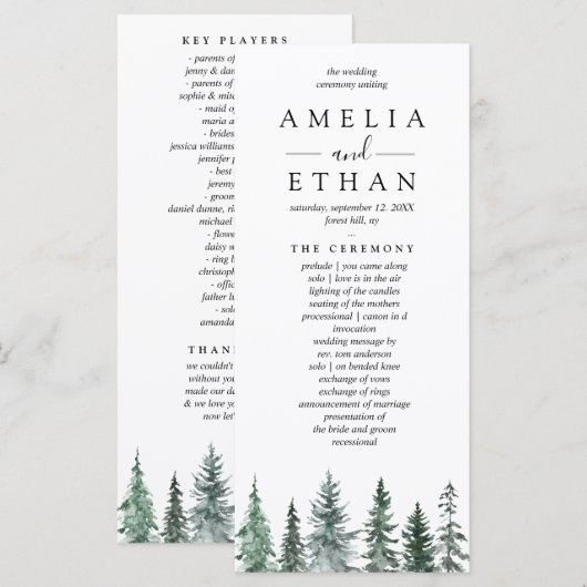 Wald-Winter-Aquarell-Hochzeit Programm (Vorne/Hinten)
