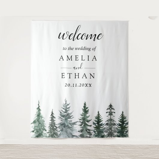 Wald-Winter-Aquarell-Hochzeit Wandteppich (Vorderseite)