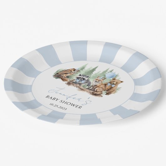 Wald Woodland Tiere Blaue Babydusche Pappteller (Schrägansicht)