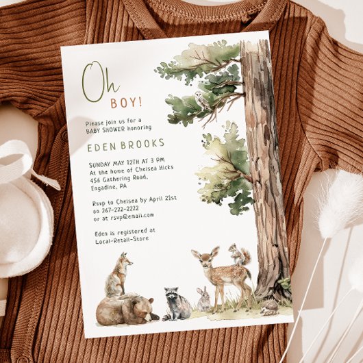 Wald Woodland Tiere Oh Junge! Babyparty Einladung