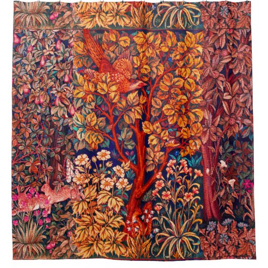 WALDBÄLDER Hares, Pheasant, Rote Blüte Duschvorhang (Vorderseite)