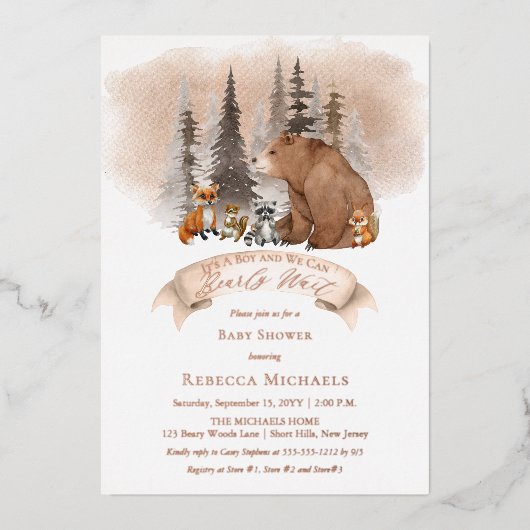Waldbär |Baby-Dusche für Tiere vor dem Abwarten Folieneinladung (Vorderseite)