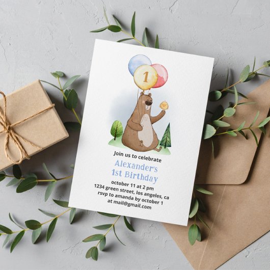 Waldbär mit Balloons Geburtstagsparty Einladung