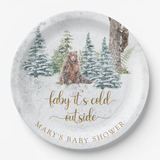 Waldbär Winter Babydusche Pappteller (Vorderseite)