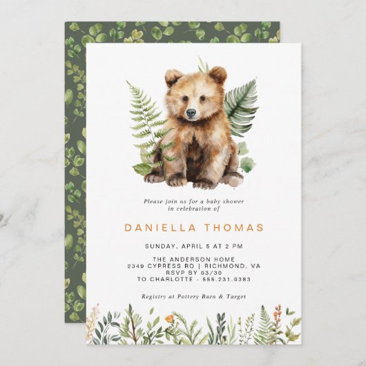 Waldbärenkuppe | Moderne neutrale Babydusche Einladung (Vorne/Hinten)