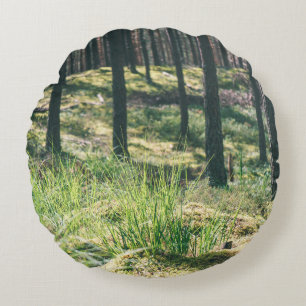 Waldbäume. Grünes, grünes Holzsonnenlicht im Hinte Rundes Kissen