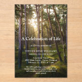 Waldbäume Sonnenuntergang Feier zur Beerdigung des Acryleinladungen (Vorderseite)