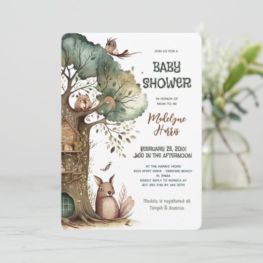 Waldbaumtiere Geschlechtsneutrale Babydusche Einladung (Stehend Vorderseite)