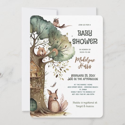 Waldbaumtiere Geschlechtsneutrale Babydusche Einladung (Vorderseite)