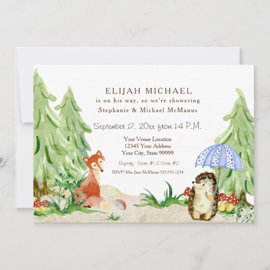 Waldbaumwald Fox Igel Boy Babydusche Einladung (Vorderseite)