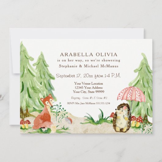 Waldbaumwald Fox Igel Girl Baby Dusche Einladung (Vorderseite)