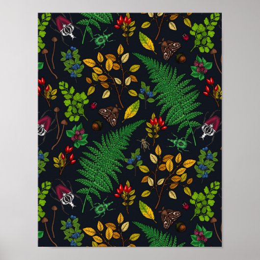 Waldbeeren, Blätter und Bugs auf Grafit schwarz Poster (Vorne)